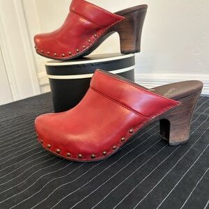 Dansko Red Leather Platform Clog with Wooden Heel